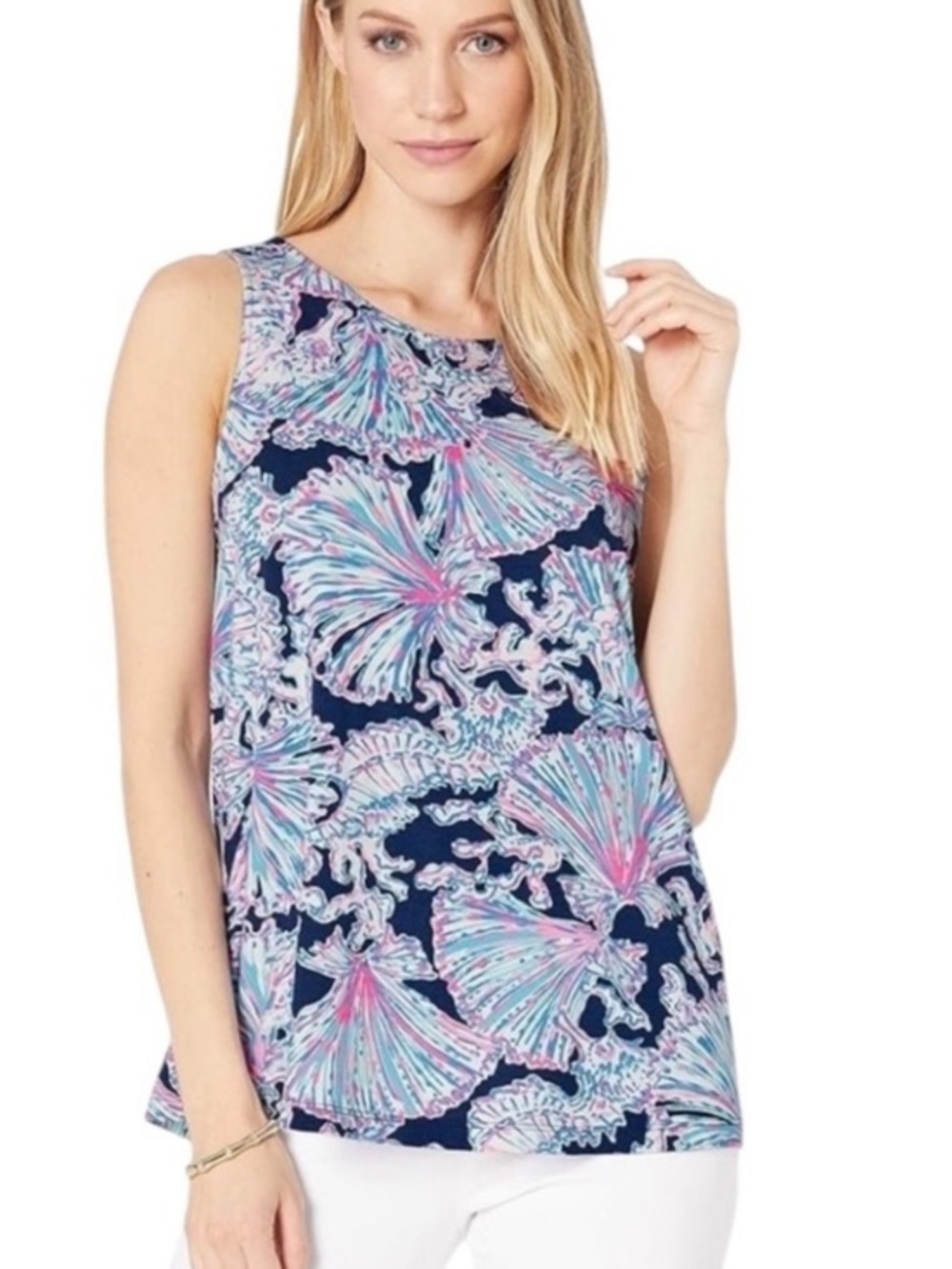 Lilly Pulitzer Kristen Swing tank top in the pattern Deep Sea Navy Bells Shells
